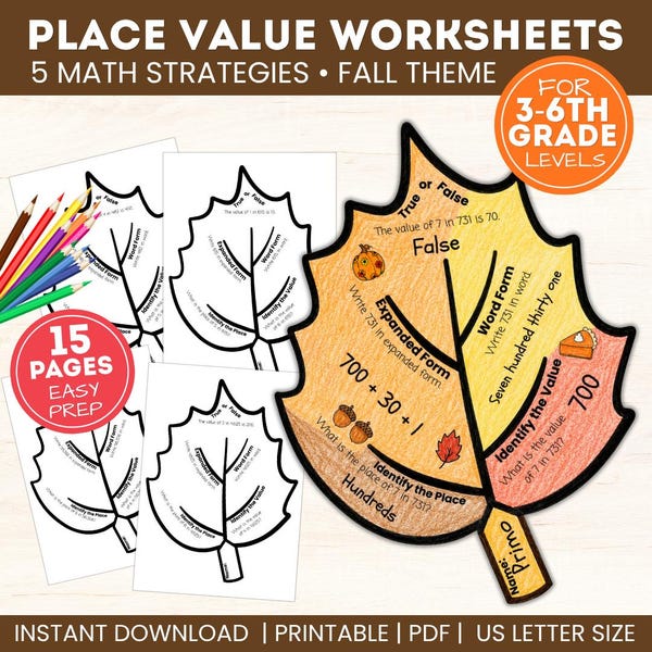 Fall Place Value Math Worksheets | Autumn Math Coloring Activity | Place Value Worksheet | Maple Leaf Math Activity | Fall Math Printable