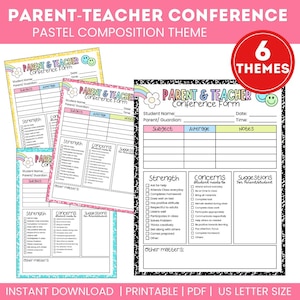 Puede incluir: Un conjunto de formularios imprimibles para conferencias de padres y maestros con un tema de composición en tonos pastel. Cada formulario incluye secciones para el nombre del estudiante, fecha, hora, materia, promedio, notas, fortalezas y sugerencias.