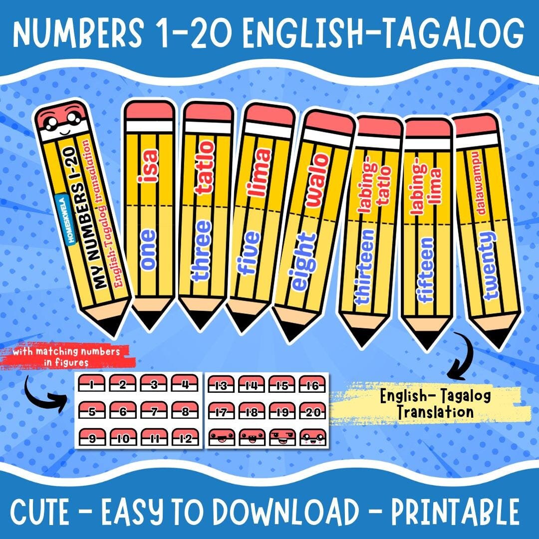 NUMBER 1-20 ENGLISH-TAGALOG Translation, Elementary Education, Preschool, Kindergarten, Graders, Matching Cards, Number in word and Figures