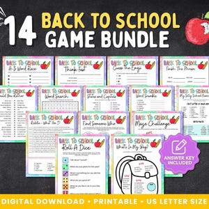 Puede incluir: Un paquete de 14 imprimibles de juegos de regreso a la escuela. Los juegos incluyen búsquedas de palabras, laberintos y actividades para completar. El paquete incluye una clave de respuestas y es de tamaño carta estadounidense. La imagen presenta gráficos de manzana roja y lápiz.