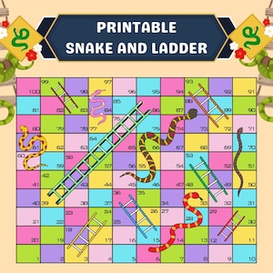 Könnte beinhalten: Ein farbenfrohes, druckbares Schlangen- und Leitern-Brettspiel. Das Spielbrett zeigt ein Raster mit Zahlen, Leitern und Schlangen. Der Titel "PRINTABLE SNAKE AND LADDER" wird oben angezeigt. Dekorative Schlangen und Blumen befinden sich an den Seiten.