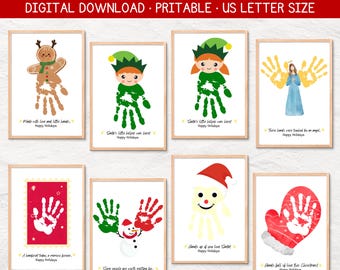 Manualidades navideñas con huellas de manos, actividades imprimibles para bebés y niños pequeños, recuerdos navideños para preescolar.