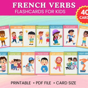 Tarjetas y pósteres de verbos en francés: herramientas esenciales para el aprendizaje de idiomas para niños y aulas / Pósteres y tarjetas imprimibles de verbos en francés