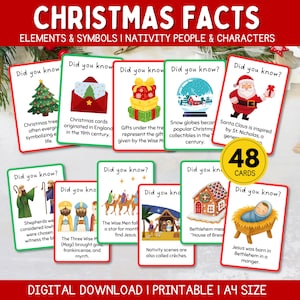 48 Christmas Facts Cards | Nativity & Holiday Symbols | Fun Christmas Learning Game for Kids Printable