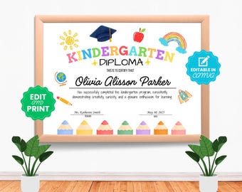 Printable Kindergarten Graduation Diploma, Kindergarten Graduate, Kindergarten Diploma, Kindergarten Grad, Last Day Of School