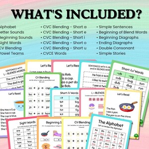 May include: Educational flashcards for early literacy. The image shows colorful cards with text and illustrations covering topics like the alphabet, sight words, and sentence building. The cards are designed for young learners.