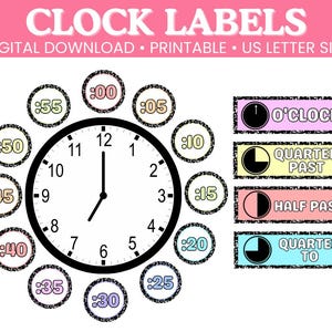 May include: A digital download featuring clock labels with the text "CLOCK LABELS" at the top. The image includes a large clock face, smaller clock faces indicating minutes, and labels for time increments like "O'CLOCK" and "QUARTER PAST".