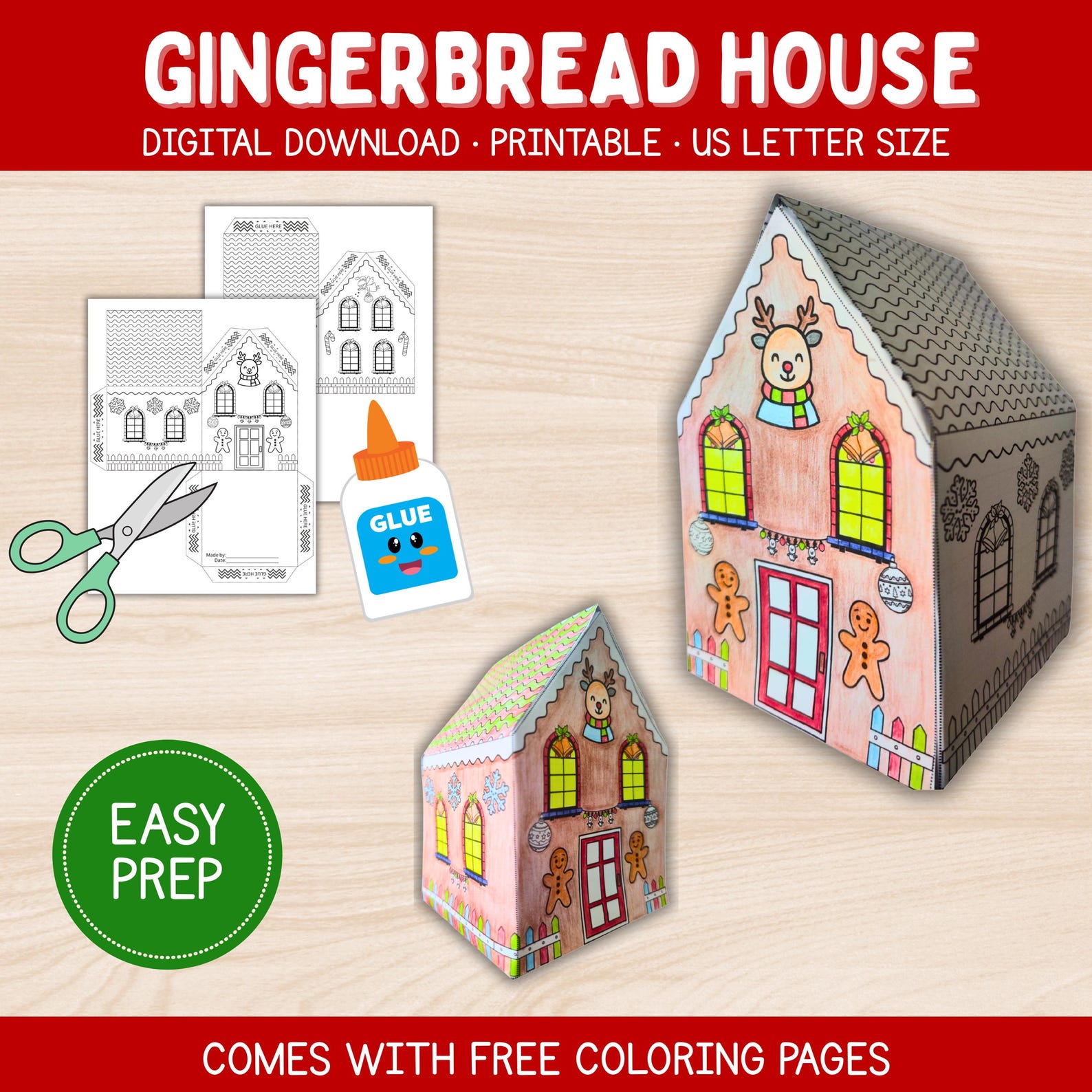 Color & Build Gingerbread House Box Craft Printable 3D Template Set