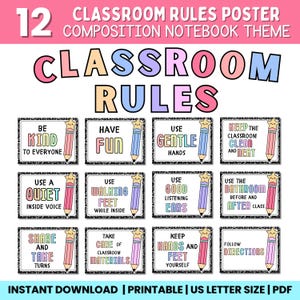 Puede incluir: Un póster de reglas del aula con un tema de cuaderno de composición. El póster presenta 12 reglas, cada una mostrada en un cuadro enmarcado con una ilustración de lápiz. Las reglas incluyen "Sé amable", "Diviértete" y "Sigue las instrucciones".