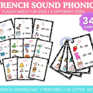 Puede incluir: Tarjetas didácticas de fonética francesa para niños. Las tarjetas presentan ilustraciones coloridas y palabras francesas. El conjunto incluye 34 tarjetas de diferentes tamaños. El texto de las tarjetas incluye palabras como "ange", "garçon" y "fraise".