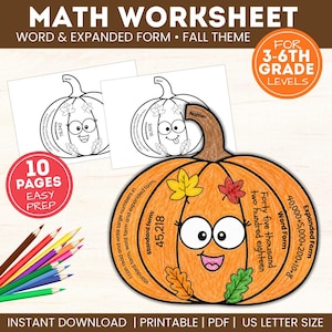 May include: A math worksheet set featuring a pumpkin-shaped activity page with a cartoon face, fall leaves, and text including 'Standard form', 'Word Form', and 'Expanded Form'. Includes 10 pages, easy prep, and colored pencils in the corner.