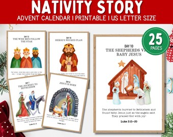 Calendario dell'Avvento con storie della Natività per bambini, versetti della Bibbia, conto alla rovescia di Natale, schede didattiche stampabili con graziosi lavoretti a tema