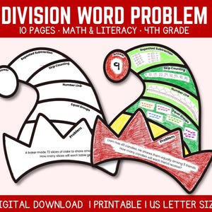 Może przedstawiać: Cyfrowe ćwiczenie matematyczne do pobrania dla uczniów 4 klasy. Arkusz zawiera diagramy w kształcie czapek elfów z zadaniami tekstowymi z dzielenia, w tym powtarzane odejmowanie, liczenie z pominięciem i ćwiczenia na linii liczbowej. Tekst zawiera "DIVISION WORD PROBLEM".