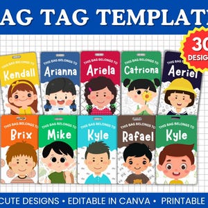 Sjabloon taslabel voor kinderen | Bewerkbare school- en bagagelabels in canvas | Gepersonaliseerde afdrukbaar ontwerp