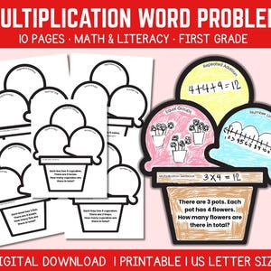 Op de afbeelding: Een set afdrukbare werkbladen met vermenigvuldigingswoordproblemen voor groep 1. De werkbladen bevatten afbeeldingen van ijshoorntjes met wiskundige problemen, waaronder herhaalde optelling en voorbeelden van getallenlijnen. De tekst op de afbeelding luidt "Vermenigvuldigingswoordprobleem".