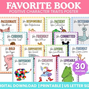 May include: A collection of 30 printable posters with positive character traits, featuring colorful illustrations of animals and characters. Each poster has a trait like "Passionate" or "Friendly" with a related character's name. The posters are US Letter size.