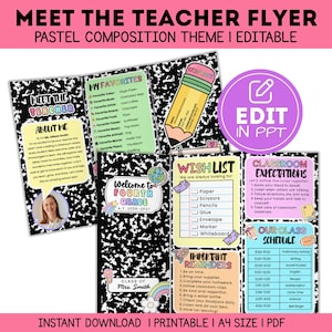以下が含まれることがあります： 白黒のコンポジションノート柄の三つ折りMeet the Teacherフライヤーテンプレート。About Me、My Favorites、Wish List、Classroom Expectations、Important Reminders、Our Class Scheduleのセクションがあります。鉛筆のグラフィックと、Edit in PPTというテキストが入った紫色の円が含まれています。