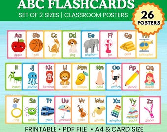26枚のABCフラッシュカード教育カード、A-ZカードABCを学ぶアルファベットフラッシュカードキッズカラーアルファベットモンテッソーリカードデジタルダウンロード