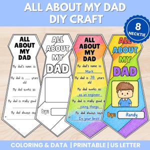 Pode incluir: Um artesanato DIY imprimível com quatro modelos em forma de gravata com o texto "ALL ABOUT MY DAD". Um é preenchido com o nome "Mark", idade "38" e a profissão "engenheiro". Os modelos são projetados para colorir e inserir dados.