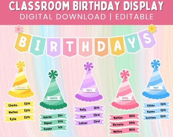 Decoración editable de cumpleaños para el aula: decoración en tonos pastel para la gestión del aula / Plantillas de Canva y PDF imprimibles