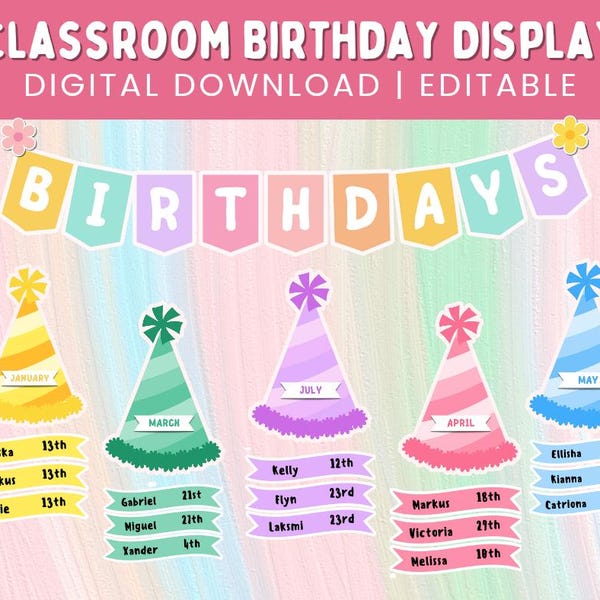 Decoración editable de cumpleaños para el aula: decoración en tonos pastel para la gestión del aula / Plantillas de Canva y PDF imprimibles