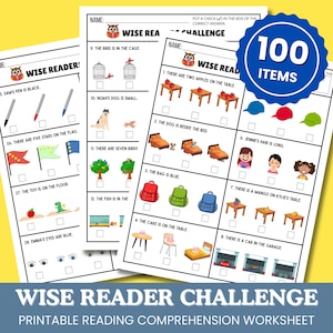 May include: Printable reading comprehension worksheets titled "Wise Reader Challenge" with multiple-choice questions. The worksheets feature illustrations of objects and scenarios, with a blue badge stating "100 Items".