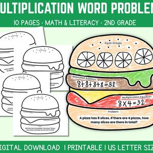 May include: A digital download of a multiplication word problem worksheet for 2nd grade. The worksheet features burger-themed illustrations with math problems, including repeated addition and multiplication equations. The text includes "DIGITAL DOWNLOAD I PRINTABLE I US LETTER SIZE."