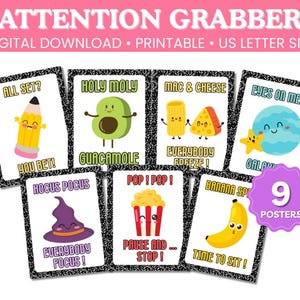 May include: A digital download of nine printable posters with fun food and school-themed illustrations. Each poster features a playful design, including a pencil, avocado, mac and cheese, and a banana. The posters are US letter size.