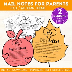 Puede incluir: Notas imprimibles para padres con forma de manzana rosa y forma de hoja amarilla con caras de dibujos animados. El texto incluye "MAIL NOTES FOR PARENTS", "FALL / AUTUMN THEME", "2 DESIGNS EASY PREP", "MY SWEET MAIL" y "FALL hello!".