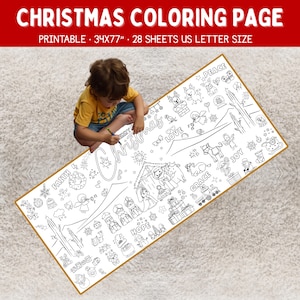 May include: A large, rectangular Christmas coloring page with a gold border, featuring various holiday-themed illustrations and the words "Christmas Coloring Page." The text "Printable - 34x77" - 28 Sheets US Letter Size" is also visible. A child is sitting on the carpet.