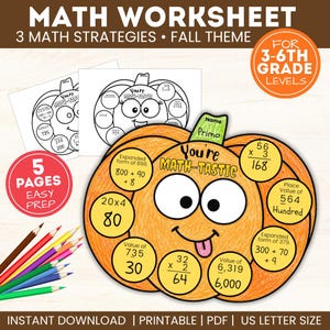 May include: A printable math worksheet set with a fall theme featuring pumpkin-shaped activity pages. The worksheets include math problems, place value exercises, and expanded form tasks. The pages are designed for 3rd to 6th grade levels.