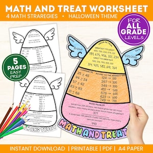 May include: A printable math worksheet set with a candy corn shape featuring wings, sections for ordering numbers, comparing values, rounding to the nearest 100, and word problems. The text includes MATH AND TREAT WORKSHEET, 4 MATH STRATEGIES, HALLOWEEN THEME, FOR ALL GRADE LEVELS, 5 PAGES EASY PREP, and INSTANT DOWNLOAD PRINTABLE PDF A4 PAPER.