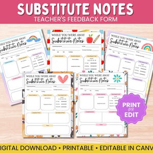 Peut inclure: Cinq modèles de notes pour les enseignants remplaçants imprimables avec différents arrière-plans et illustrations colorés. Le texte sur les modèles indique "While You Were Away Substitute Notes".