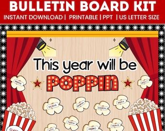 May include: A printable popcorn bulletin board kit featuring a red curtain backdrop, spotlights, and popcorn graphics. The text reads "POPCORN BULLETIN BOARD KIT" and "This year will be POPPIN" with individual popcorn pieces labeled with names.