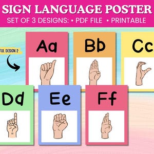 Poster modificabili per l'aula dell'alfabeto, modelli di lettere ASL, decorazioni per l'aula Canva arcobaleno, linguaggio dei segni - PDF + modelli modificabili