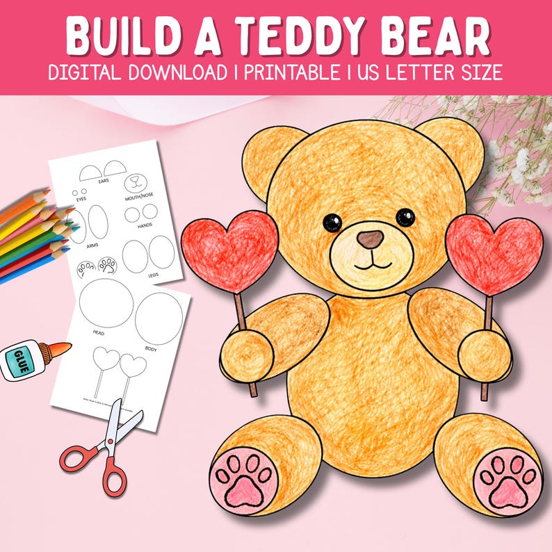 Teddy Bear Valentine Craft Printable | Cut and Paste Preschool Activity ...