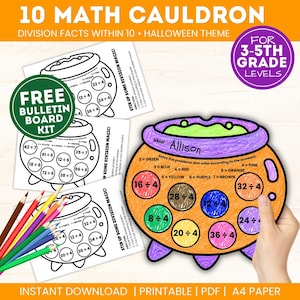 May include: A printable math activity sheet featuring a cauldron shape with division problems to solve and color. The sheet includes the text 10 MATH CAULDRON, DIVISION FACTS WITHIN 10, HALLOWEEN THEME, and FOR 3-5TH GRADE LEVELS.