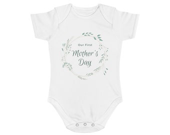 Our first Mother's Day - Short Sleeve Baby Bodysuit with leaf border - Perfect gift for new mum
