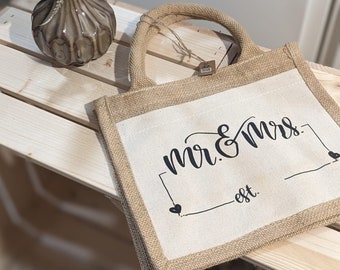 Sacchetto regalo/sacchetto in juta "Mr & Mrs est" comprensivo di personalizzazione