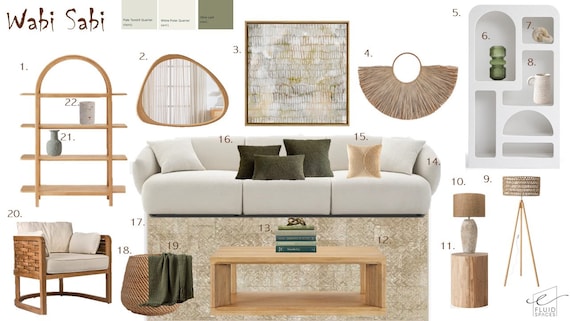 Wabi Sabi Mood Board Living Room Design Interior Design E design Decor Furniture Soft Furnishings Predesigned Board. Etsy