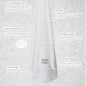 May include: White waffle-weave hair towel with an elastic band. The towel is extra large and made of microfiber. The towel is designed to absorb excess water and reduce drying time. The towel is also designed to be gentle on hair and prevent frizz.