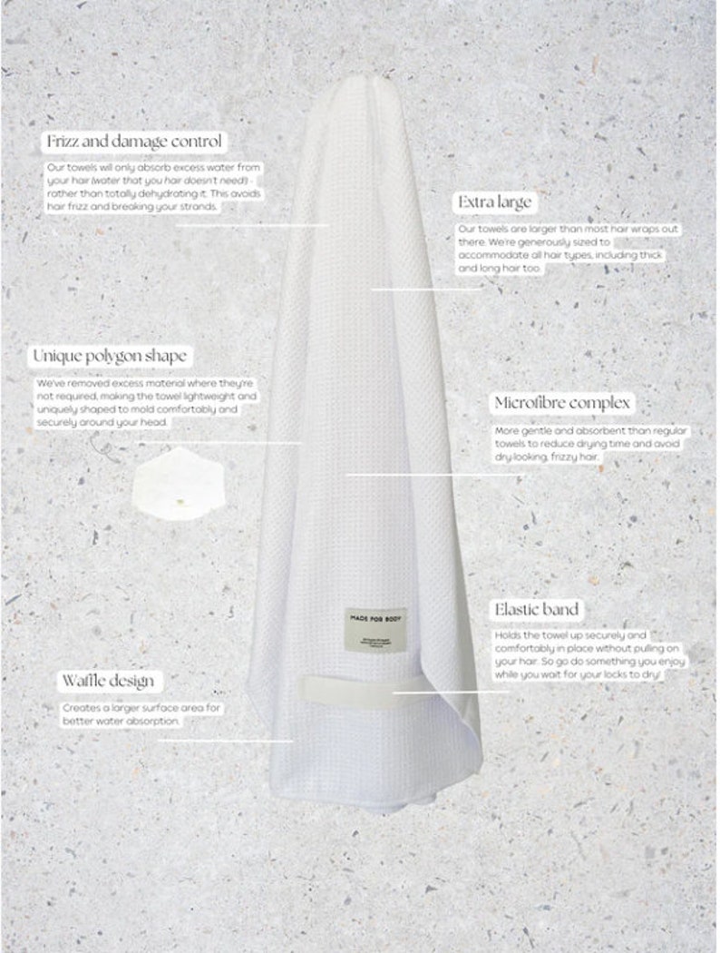 May include: White waffle-weave hair towel with an elastic band. The towel is extra large and made of microfiber. The towel is designed to absorb excess water and reduce drying time. The towel is also designed to be gentle on hair and prevent frizz.