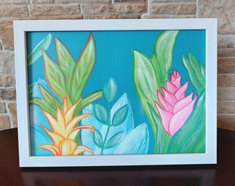 Kleines handgemaltes Bild, tropische Blumen aus Acryl