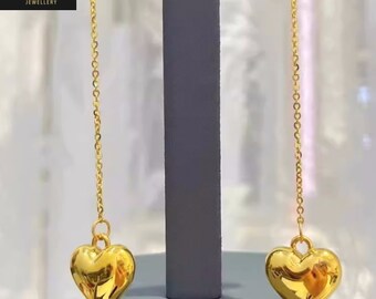 24K Pure Gold, 24K Gold Earrings, Gold Heart Earrings, Gold Long Earrings, Gold Statement Earrings, Gold Anniversary Earrings