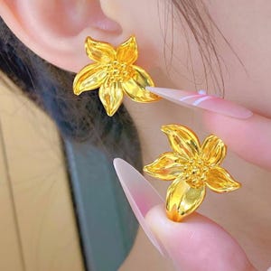 Oro puro de 24 quilates, pendientes de oro de 24 quilates, pendientes de lirio de oro, pendientes de flores de oro, pendientes de oro macizo de 24 quilates, pendientes llamativos