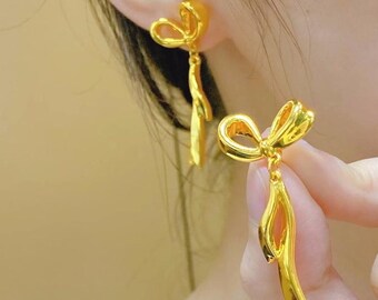 24K Pure Gold, 24K Gold Earrings, Gold Bow Earrings, Gold Statement Earrings, Gold Anniversary Earrings, Gold Knot Earrings