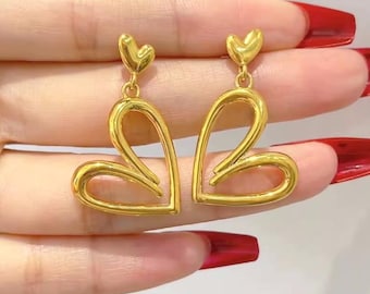 24K Pure Gold, 24K Gold Earrings, Gold Heart Earrings, Gold Long Earrings, Gold Statement Earrings, Gold Anniversary Earrings, Solid Gold