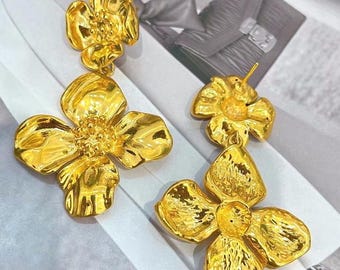 24K Pure Gold, 24K Gold Long Flower Earrings, Gold Grace Earrings, Gold Flower Earrings, 24K Solid Gold Earrings, Gold Statement Earrings