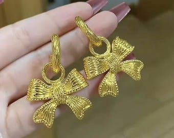 24K Pure Gold, 24K Gold Earrings, Gold Bow Earrings, Gold Statement Earrings, Gold Anniversary Earrings, Solid Gold Earrings, Knot Earrings