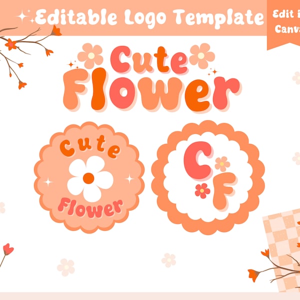 Retro Logo Design Template, Editable colorful Flower logo for business, Editable in Canva, Bright Pretty Vintage Logo for Small Business